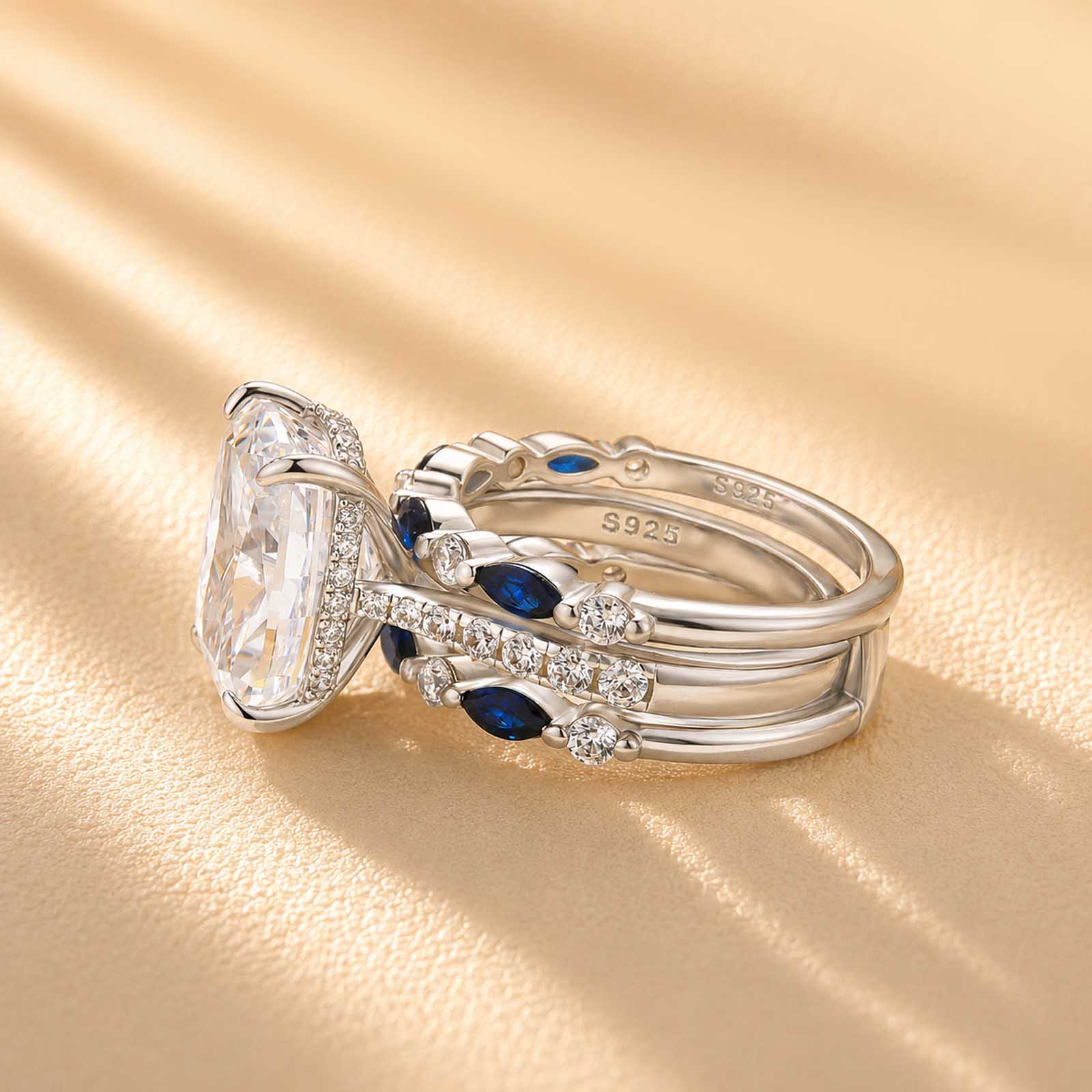 S925 6.5Ct Cushion Cut Insert Wedding Ring Set With Unique White & Blue/Red Stone Engagement Ring Enhancer