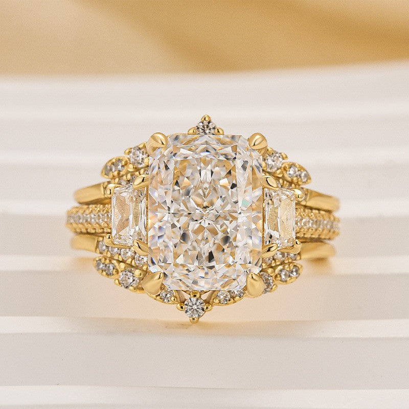 5.0Ct Radiant Cut Three Stone Wedding Ring For Her With Insert Ring - louilyjewelry