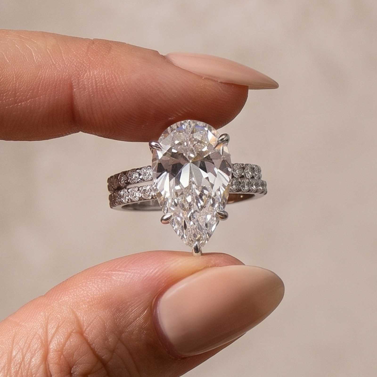 S925 4.5 Carat Pear Cut Wedding Ring Set With Open Wedding Band 2PC Simulated Diamond Bridal Rings