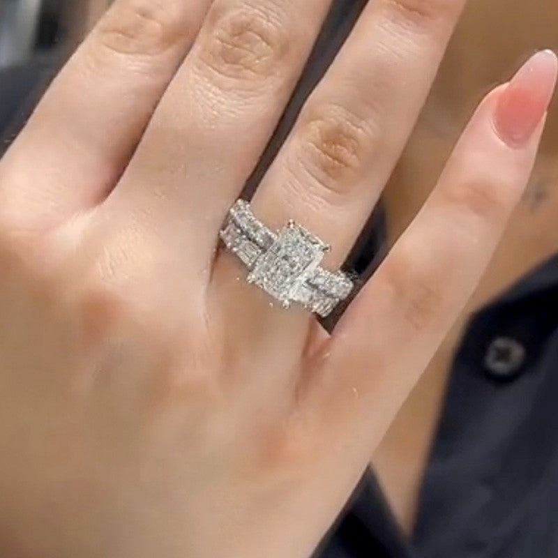 4.0Ct Radiant Cut Wedding Ring Set With Emerald Cut Wedding Band