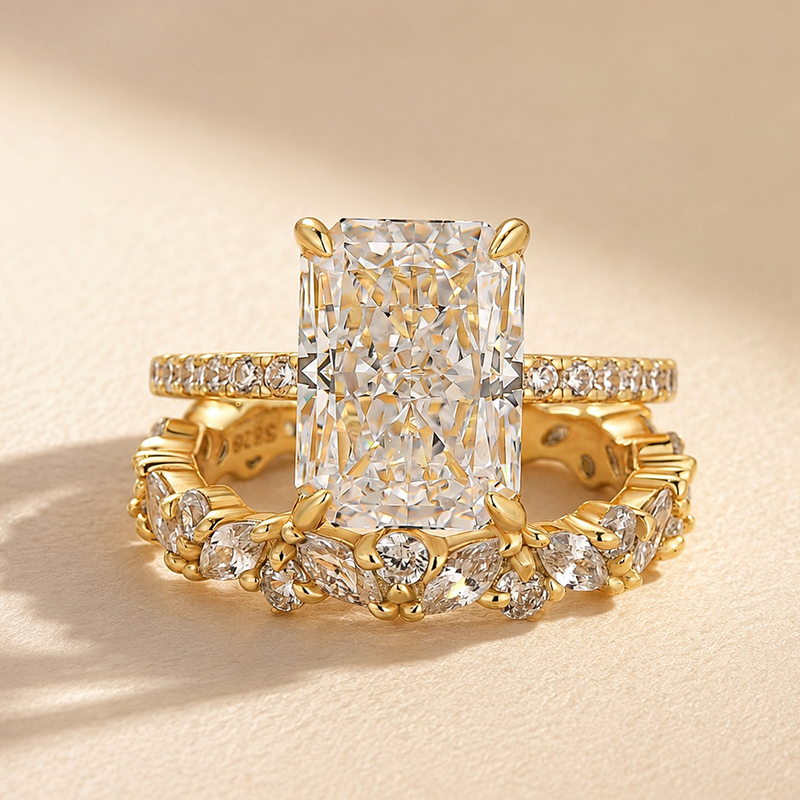 Elegant 4.5CT Emerald Cut Floral Stacking Statement Ring Sets In Sterling Silver
