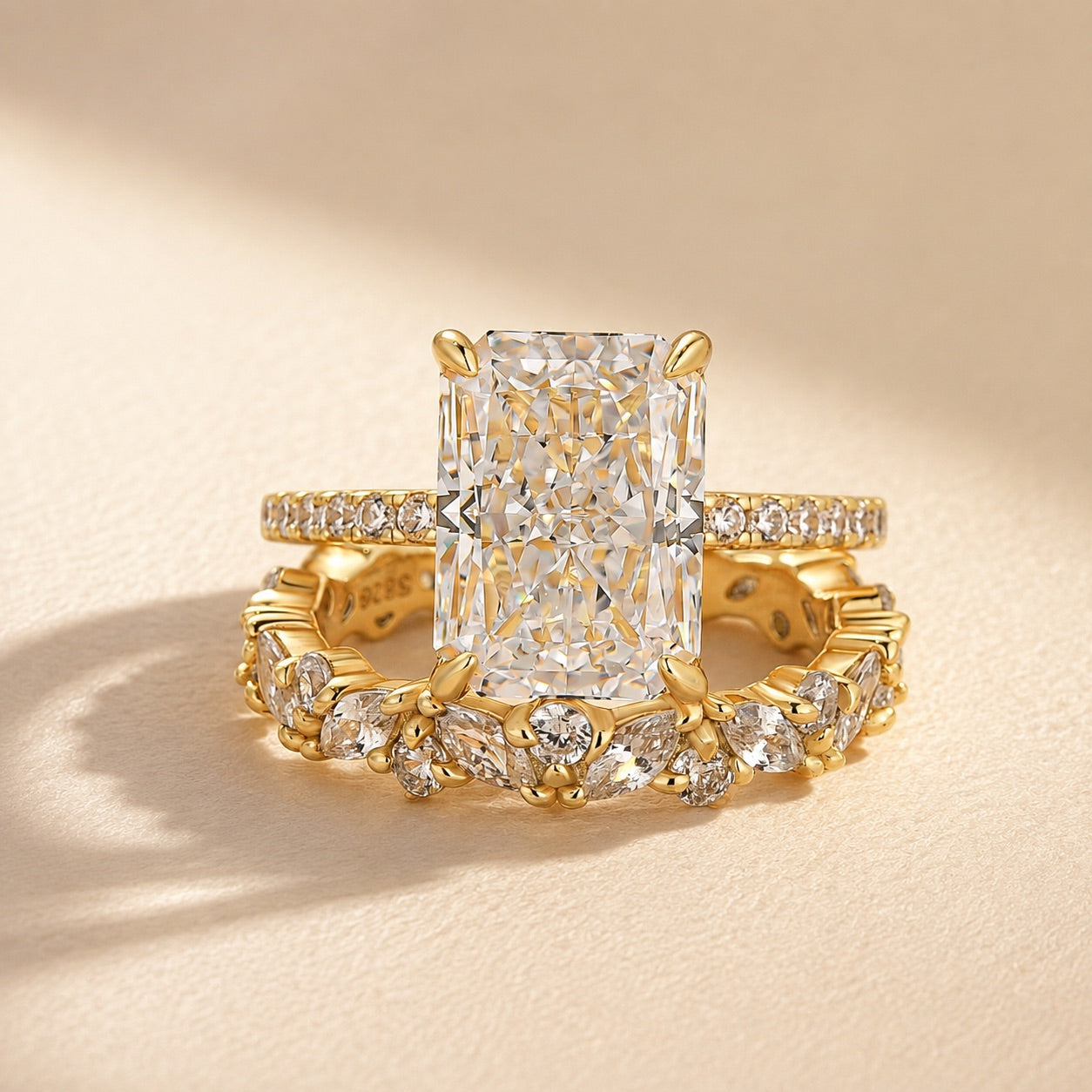 Elegant 4.5CT Emerald Cut Floral Stacking Statement Ring Sets In Sterling Silver