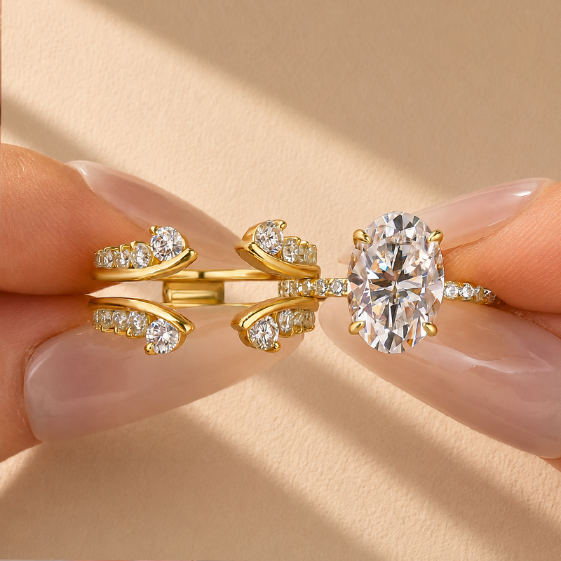 S925 Moissanite 4.0Ct Oval Cut Yellow Gold Wedding Ring with Enhancer Ring