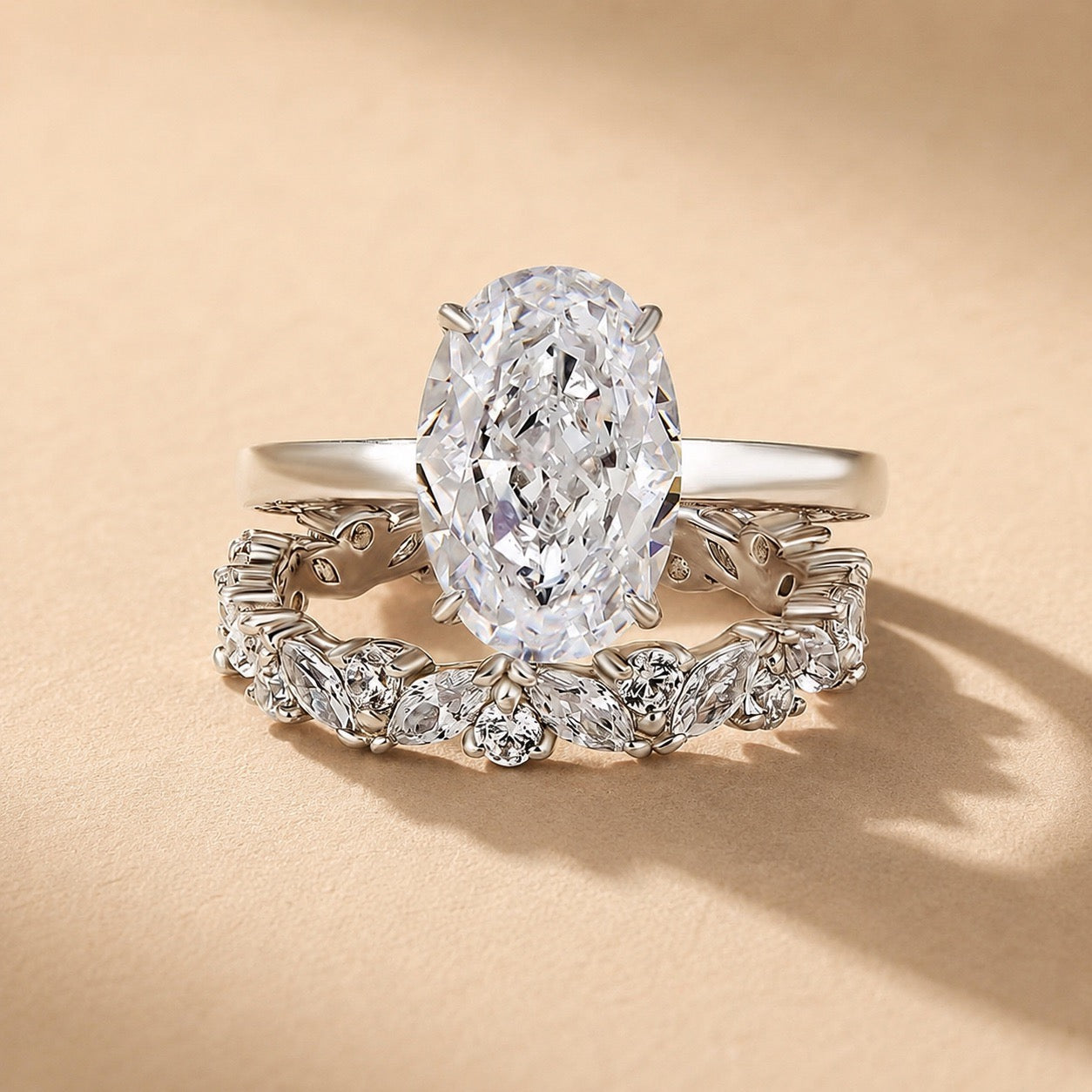 Louily Oval Cut Wedding Ring Set With Marquise Cut & Round Cut Wedding Band