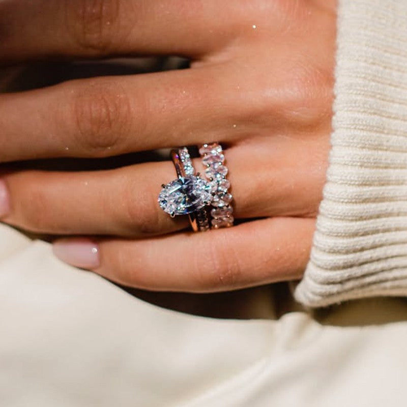 3PC 4.0Ct Oval Cut Wedding Ring Set With Oval Cut Wedding Band & Open Wedding Band