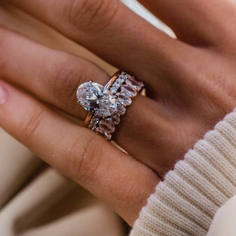 3PC 4.0Ct Oval Cut Wedding Ring Set With Oval Cut Wedding Band & Open Wedding Band