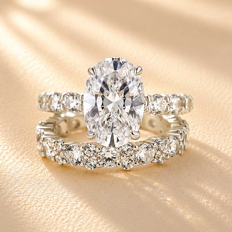 S925 4.0Ct Oval Cut Engagement Ring With Round Cut Full Wedding Band Stackable Travel Ring