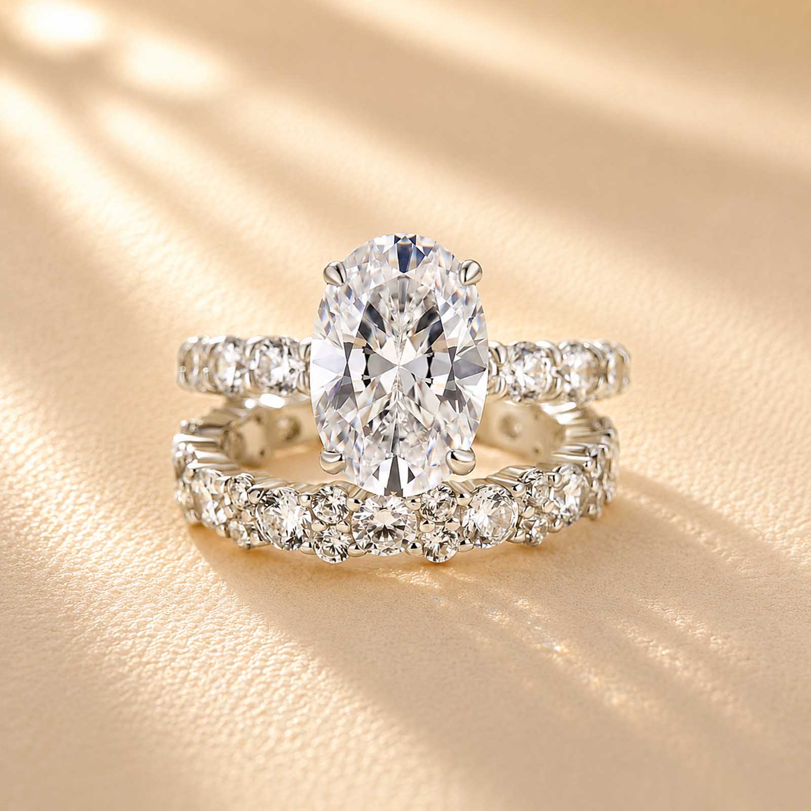 S925 4.0Ct Oval Cut Engagement Ring With Round Cut Full Wedding Band Stackable Travel Ring