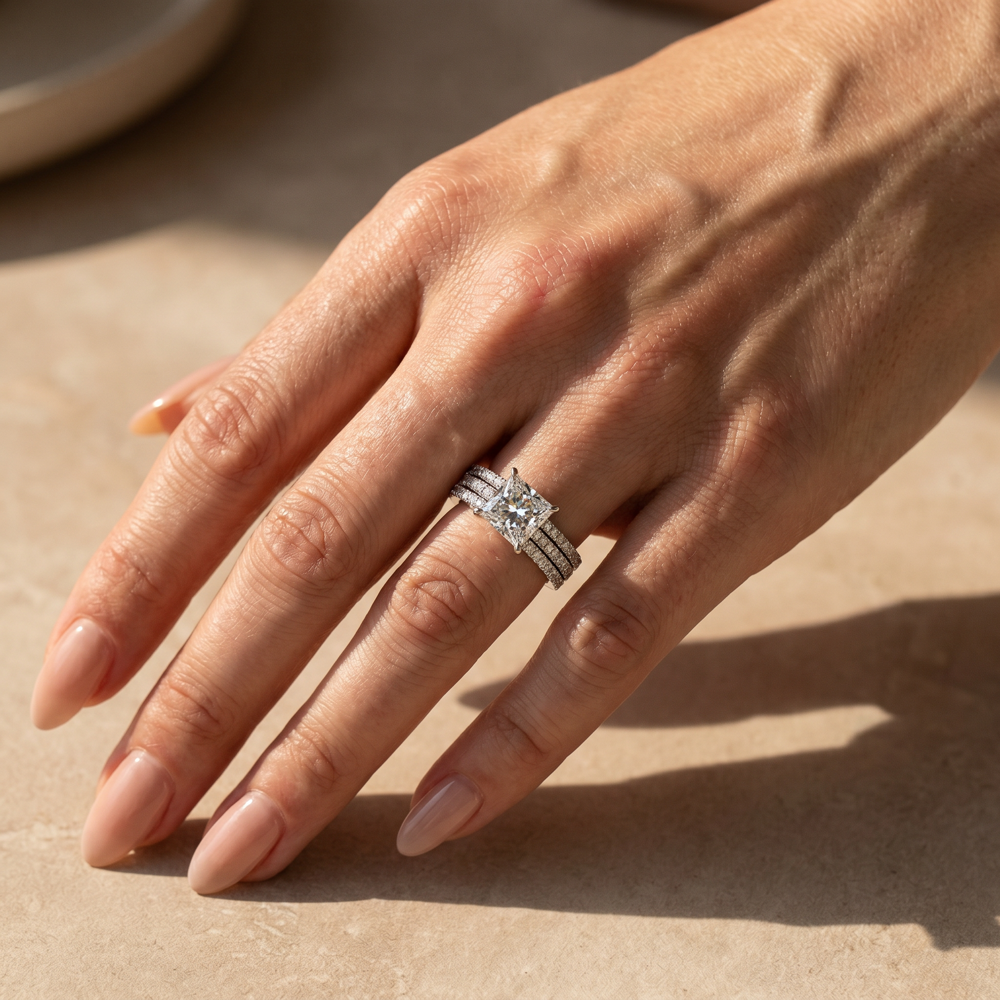 S925 3PC 2.0Ct Princess Cut Wedding Ring For Her With Two Classic Wedding Bands