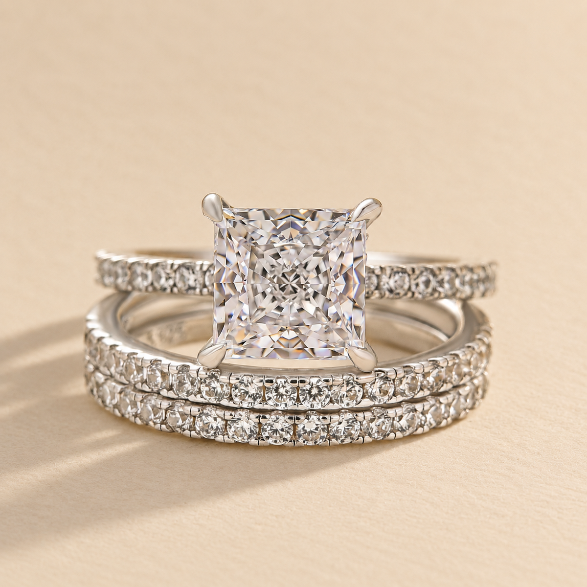 S925 3PC 2.0Ct Princess Cut Wedding Ring For Her With Two Classic Wedding Bands