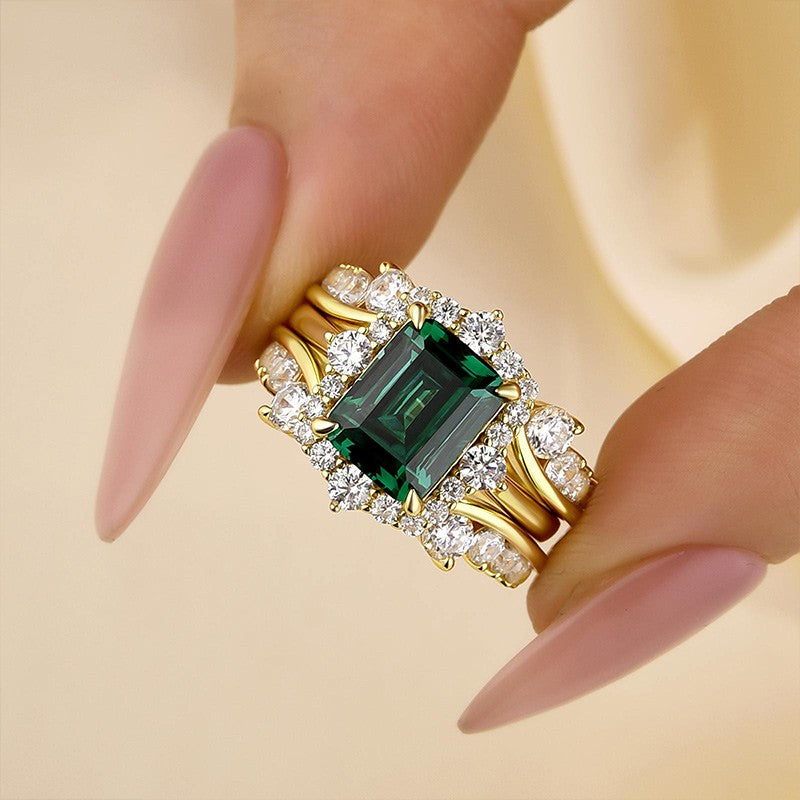 3.0Ct Halo Emerald Cut Insert Wedding Ring Set With Vintage Jacket Wedding Band - louilyjewelry