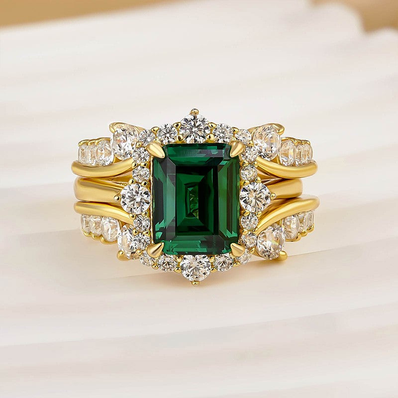 3.0Ct Halo Emerald Cut Insert Wedding Ring Set With Vintage Jacket Wedding Band - louilyjewelry