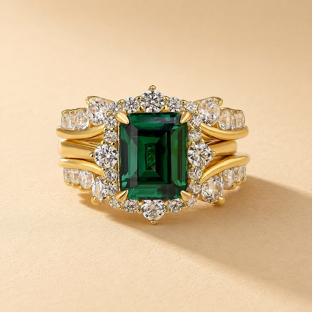 S925 Moissanite 3.0Ct Halo Emerald Cut Insert Wedding Ring Set With Vintage Jacket Wedding Band