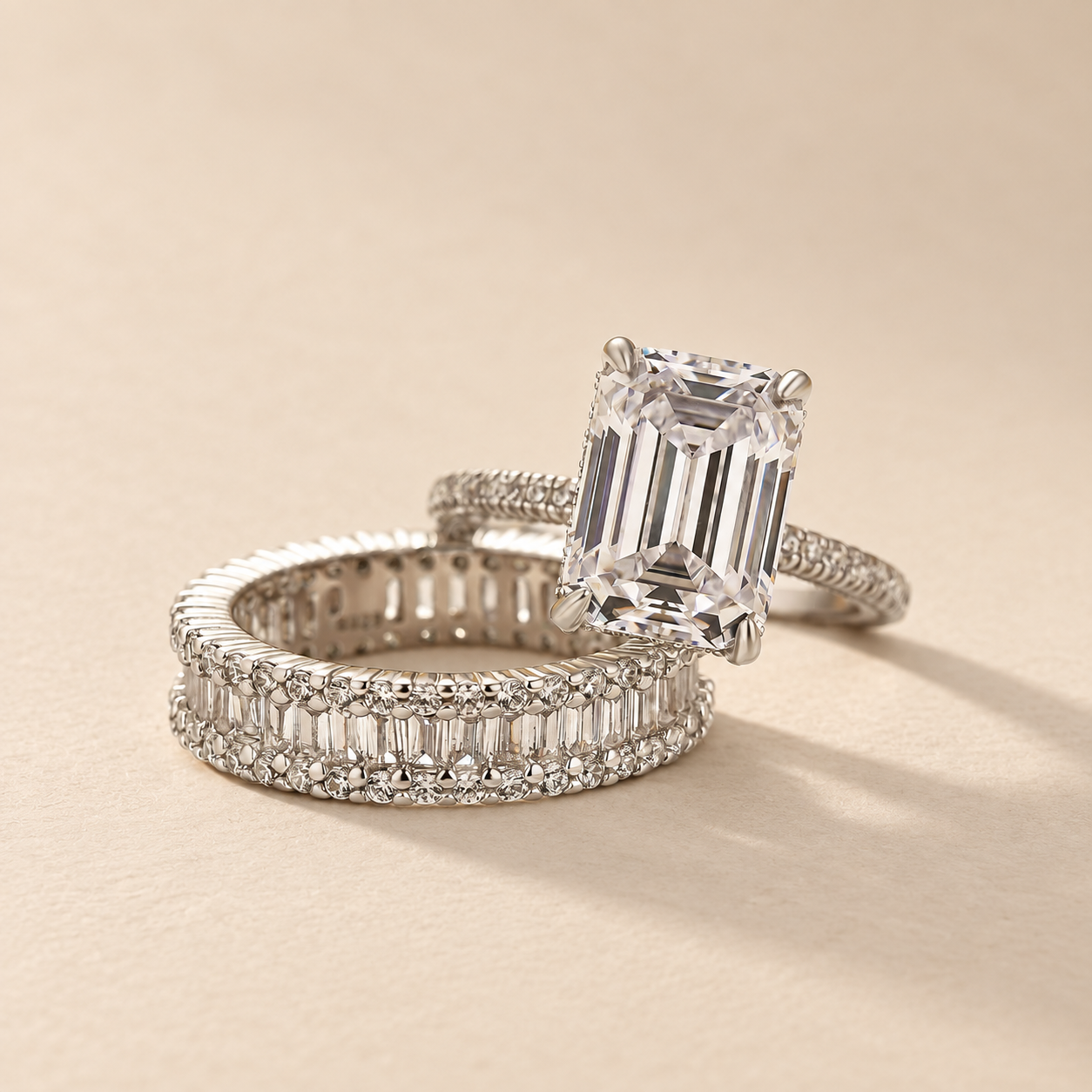 S925 4.5Ct Emerald Cut Wedding Ring Set With Emerald Cut Wedding Band