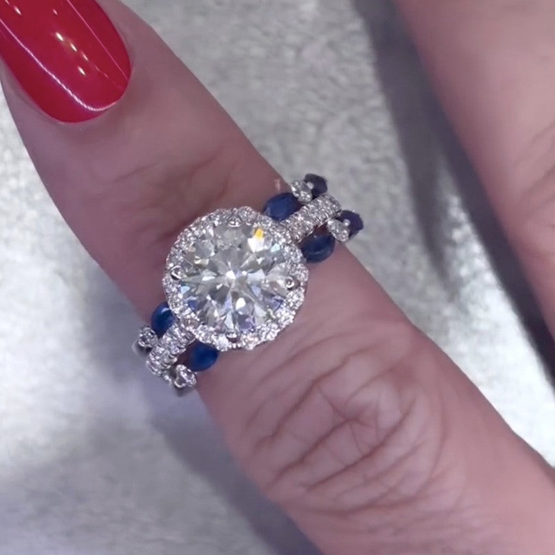 2.0Ct Round Cut Insert Wedding Ring Set With Unique White & Blue Stone Engagement Ring Enhancer - louilyjewelry