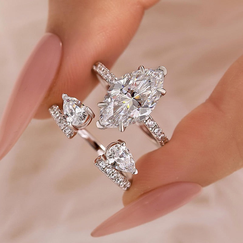 S925 4.0Ct Marquise Cut Insert Wedding Ring Set For Women Stackable Ring Set In Sterling Silver