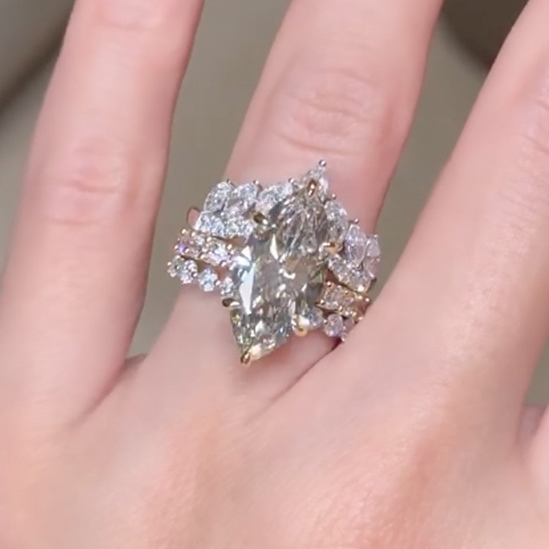 3PC 4.0Ct Marquise Cut Wedding Ring Set With Crown Curved Wedding Band & Classic Wedding Band - louilyjewelry