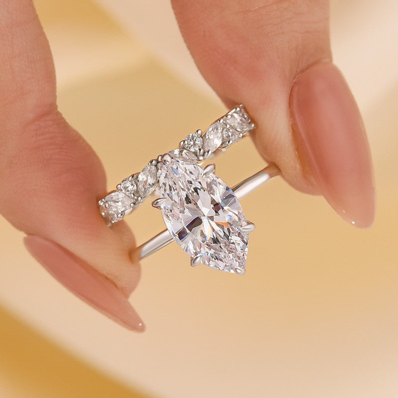 4.0Ct Marquise Cut Wedding Ring Set With Marquise Cut & Round Cut Wedding Band - louilyjewelry