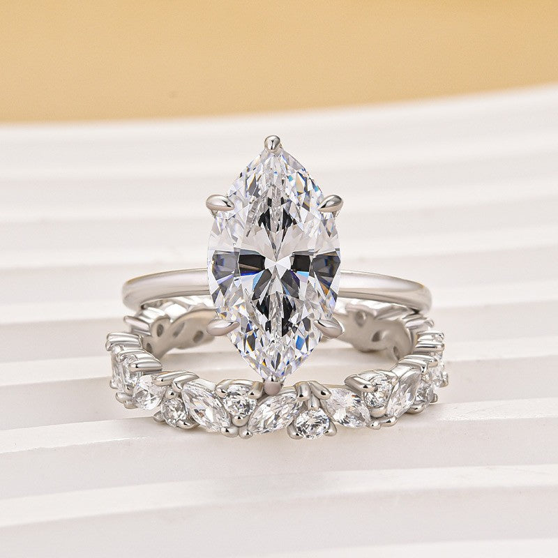 4.0Ct Marquise Cut Wedding Ring Set With Marquise Cut & Round Cut Wedding Band - louilyjewelry