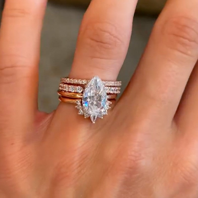 4PC Vintage 4.0Ct Pear Cut Wedding Ring Set Travel Rings In Sterling Silver