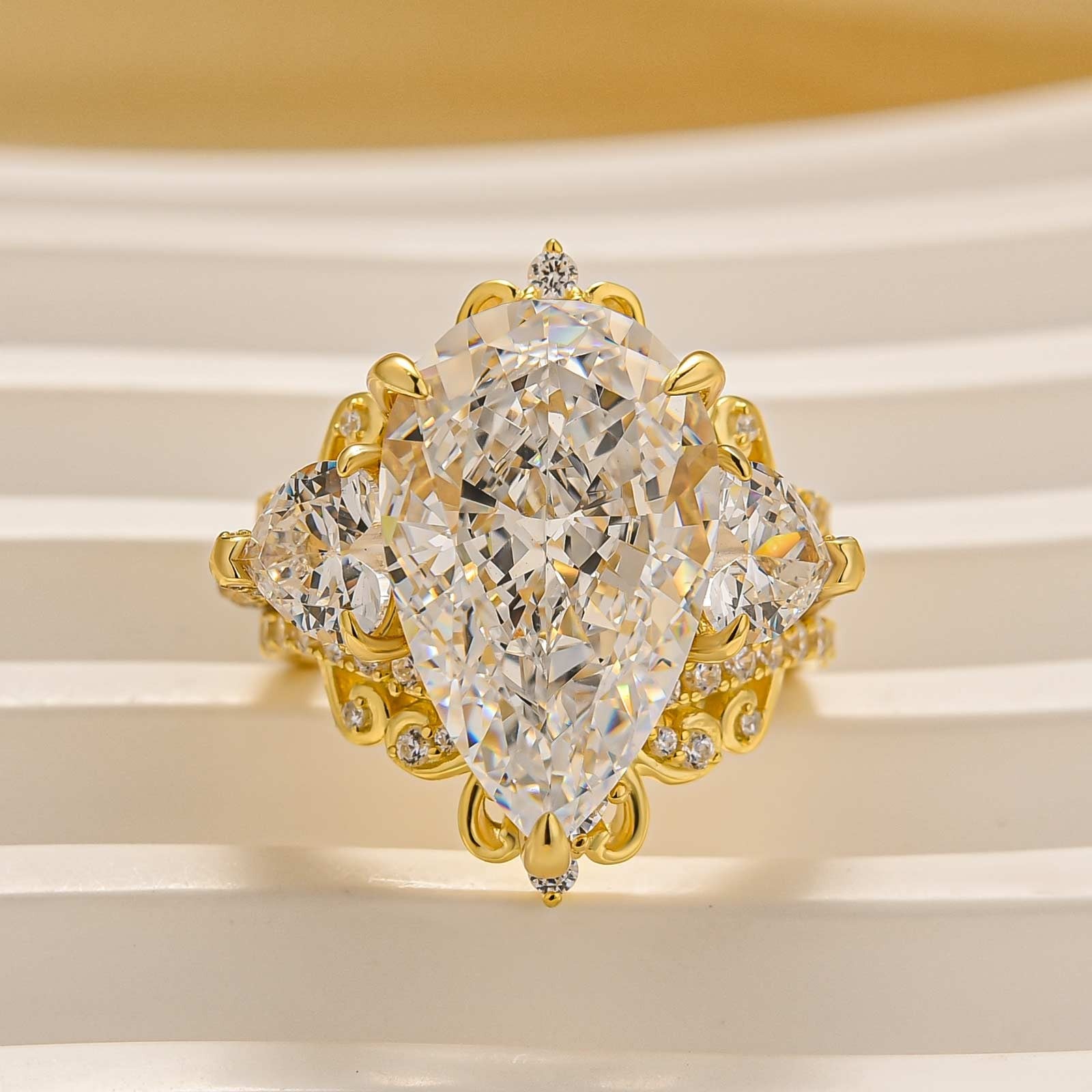 8.0 Carat Pear Cut Three Stone Insert Wedding Ring Set With Engagement Ring Enhancer