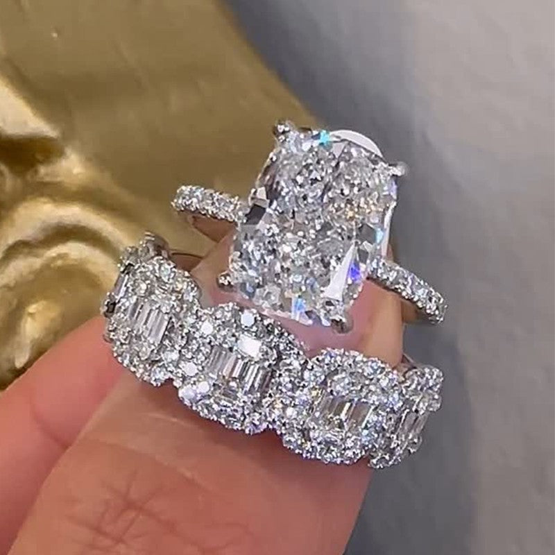 Vintage 5.5Ct Cushion Cut Wedding Ring Set With Halo Emerald Cut Half Wedding Band