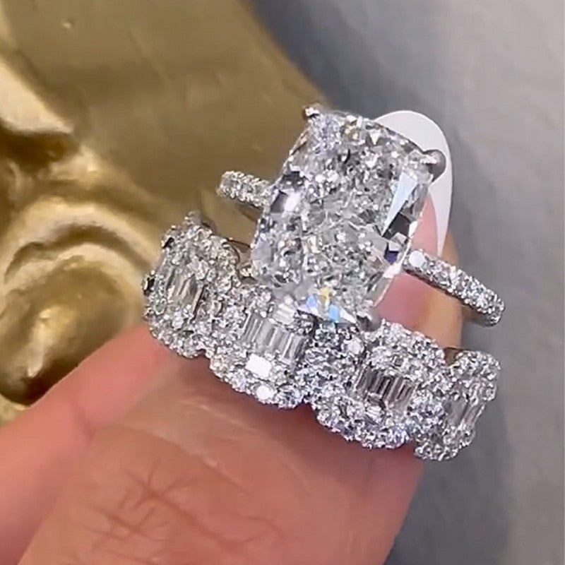 Vintage 5.5Ct Cushion Cut Wedding Ring Set With Halo Emerald Cut Half Wedding Band