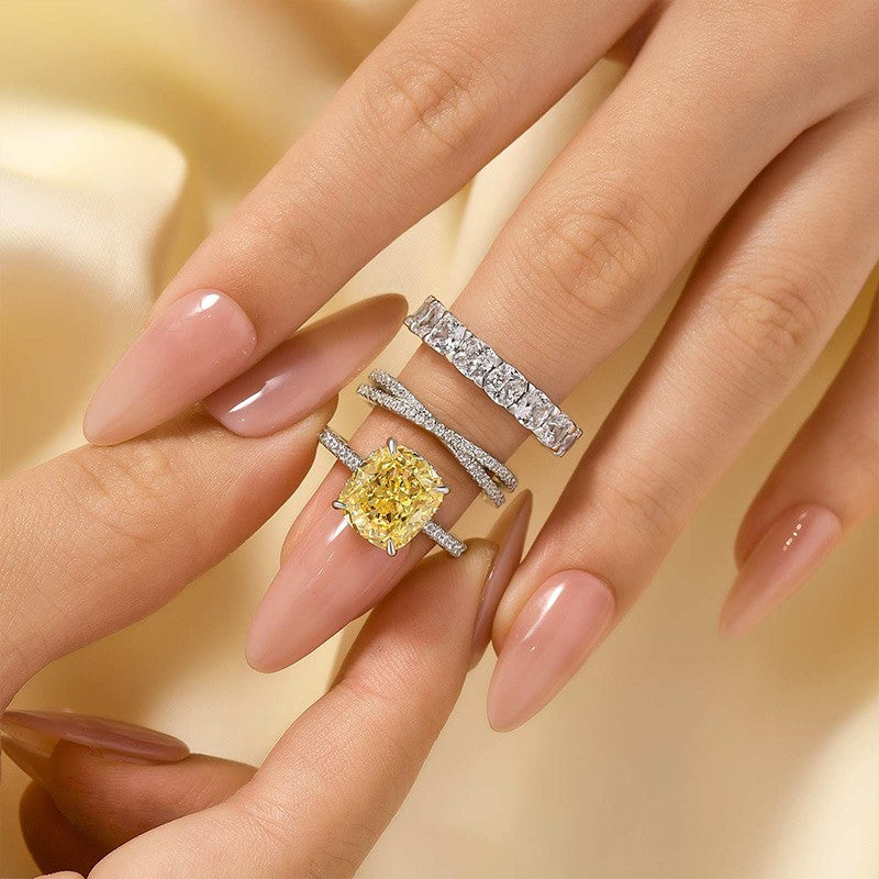 4.5Ct Yellow Stone Cushion Cut 3PC Wedding Ring Set In Sterling Silver - louilyjewelry