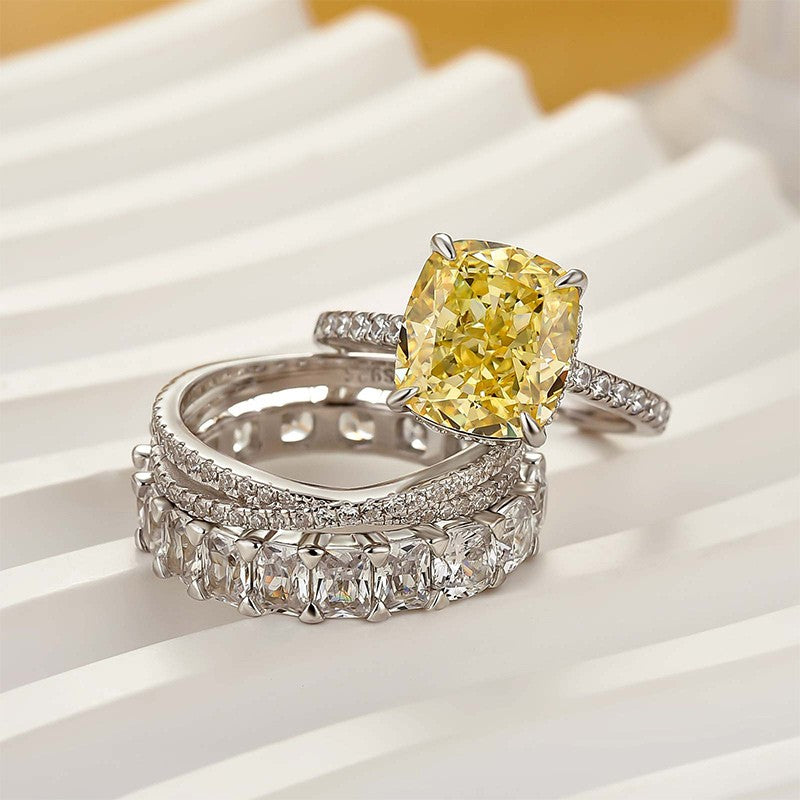 4.5Ct Yellow Stone Cushion Cut 3PC Wedding Ring Set In Sterling Silver - louilyjewelry