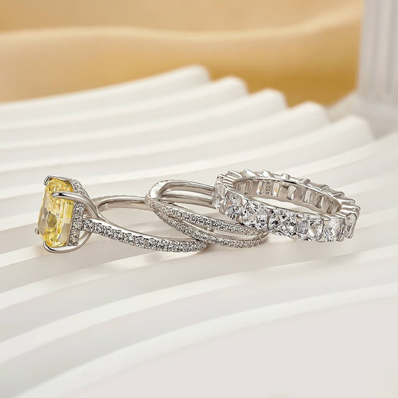 4.5Ct Yellow Stone Cushion Cut 3PC Wedding Ring Set In Sterling Silver - louilyjewelry