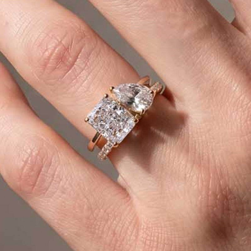 S925 4.8Ct Toi et Moi Radiant & Pear Cut Wedding Ring Set With Classic Wedding Band Date Night Ring Set