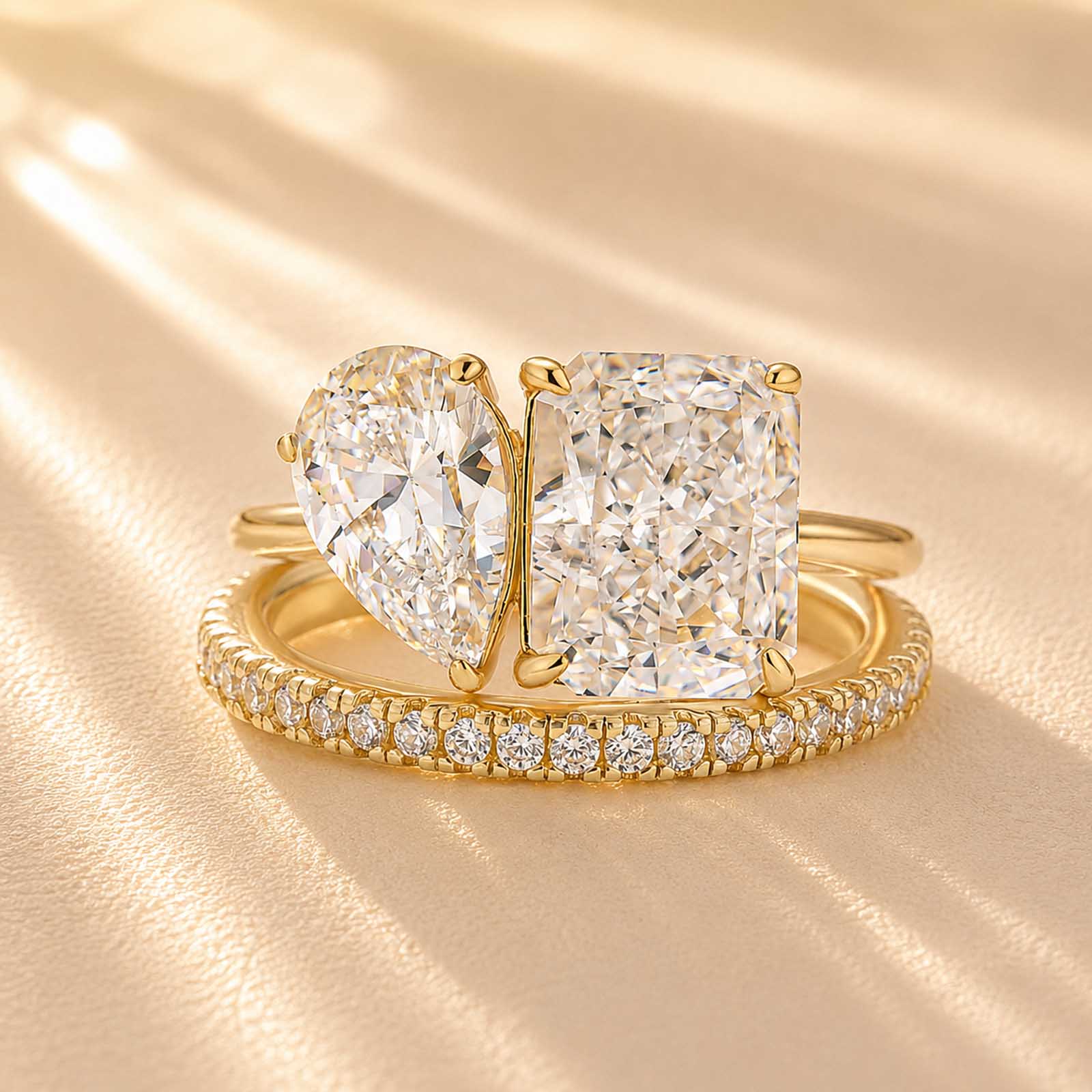 S925 4.8Ct Toi et Moi Radiant & Pear Cut Wedding Ring Set With Classic Wedding Band Date Night Ring Set