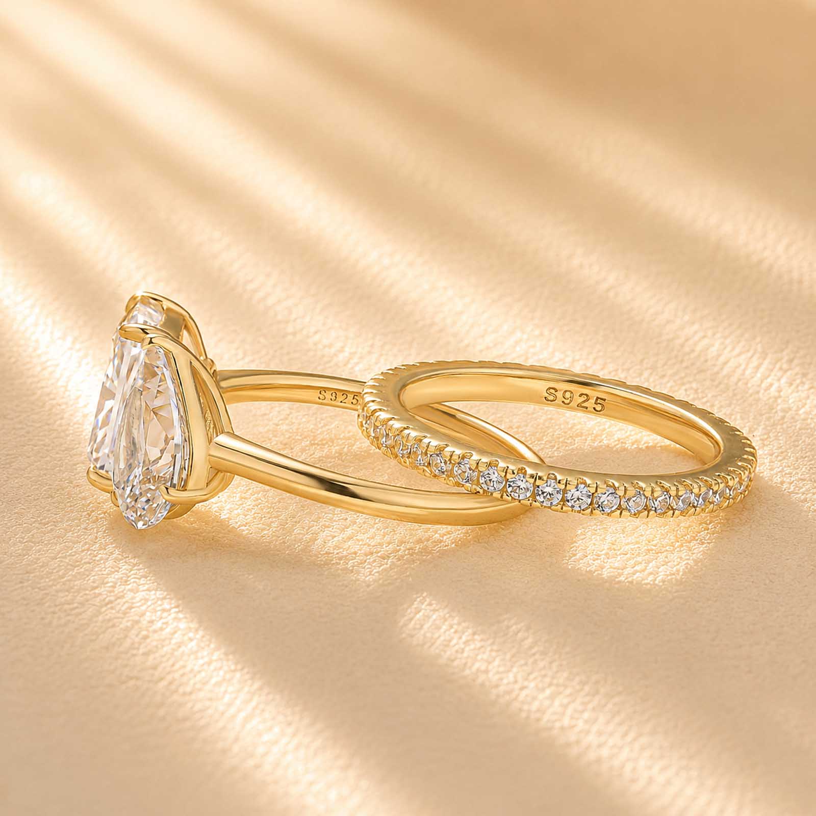 S925 4.8Ct Toi et Moi Radiant & Pear Cut Wedding Ring Set With Classic Wedding Band Date Night Ring Set
