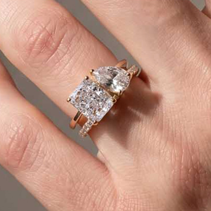 S925 4.8Ct Toi et Moi Radiant & Pear Cut Wedding Ring Set With Classic Wedding Band Date Night Ring Set