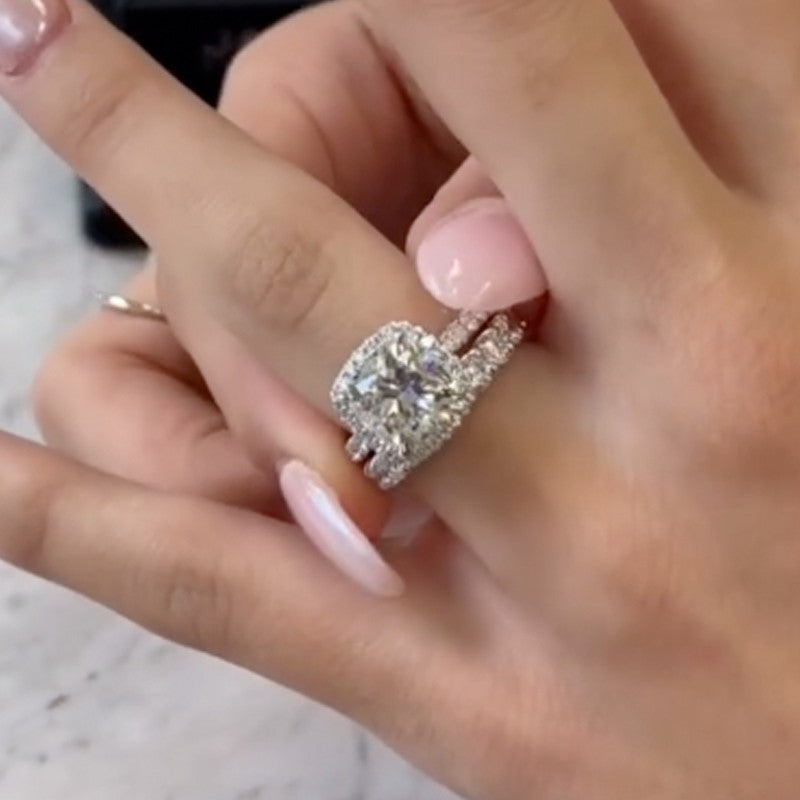 3.5 Carat Cushion Cut Halo Engagement Ring Wedding Ring Set In Sterling Silver