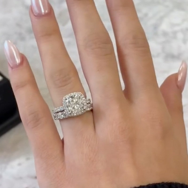 3.5 Carat Cushion Cut Halo Engagement Ring Wedding Ring Set In Sterling Silver