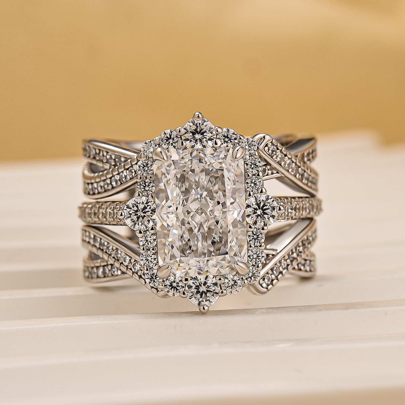 3.5Ct Halo Radiant Cut Insert Wedding Ring Set With Engagement Ring Enhancer