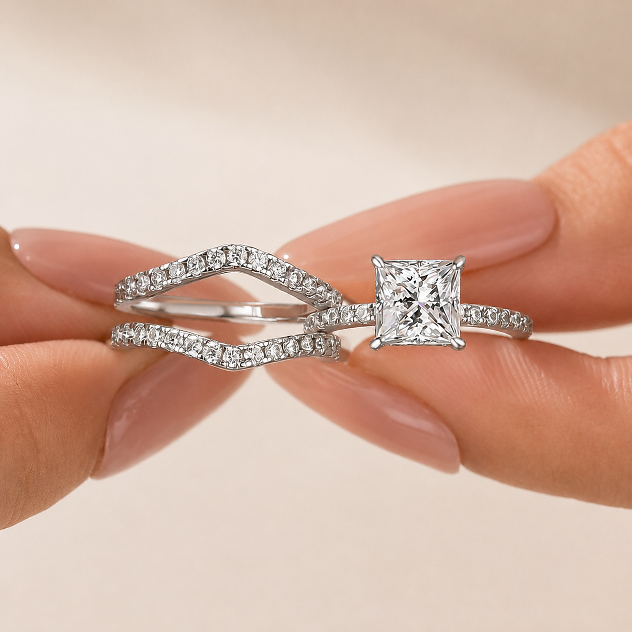 S925 2.0Ct Princess Cut Insert 2PC Wedding Ring Set In Sterling Silver Engagement Ring with Enhancer Band