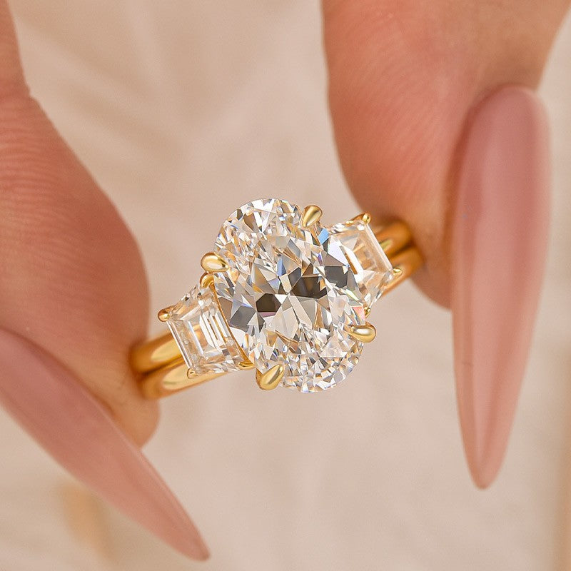 4.0Ct Oval Cut Insert Wedding Ring Set With Open Engagement Ring Enhancer