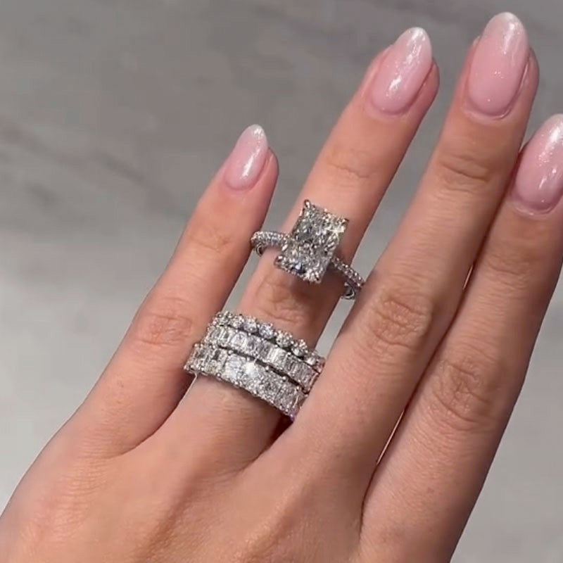 4PC 5.0Ct Radiant Cut Wedding Ring Set With Luxe Wedding Bands