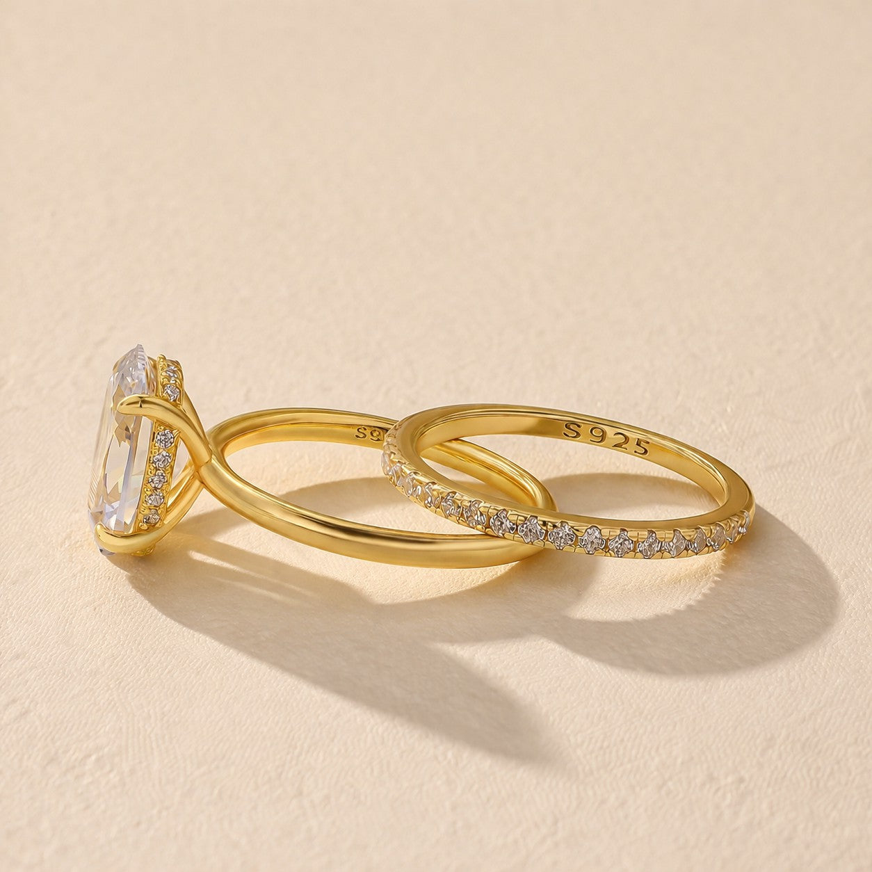 S925 4.0Ct Solitaire Oval Cut Hidden Halo Engagement Ring In Sterling Silver with Classic Half Eternity Wedding Band