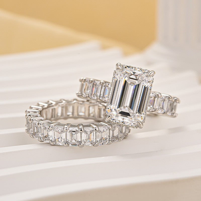 5.0Ct Emerald Cut Engagement Ring With 3.5Ct Emerald Cut Women's Wedding Band