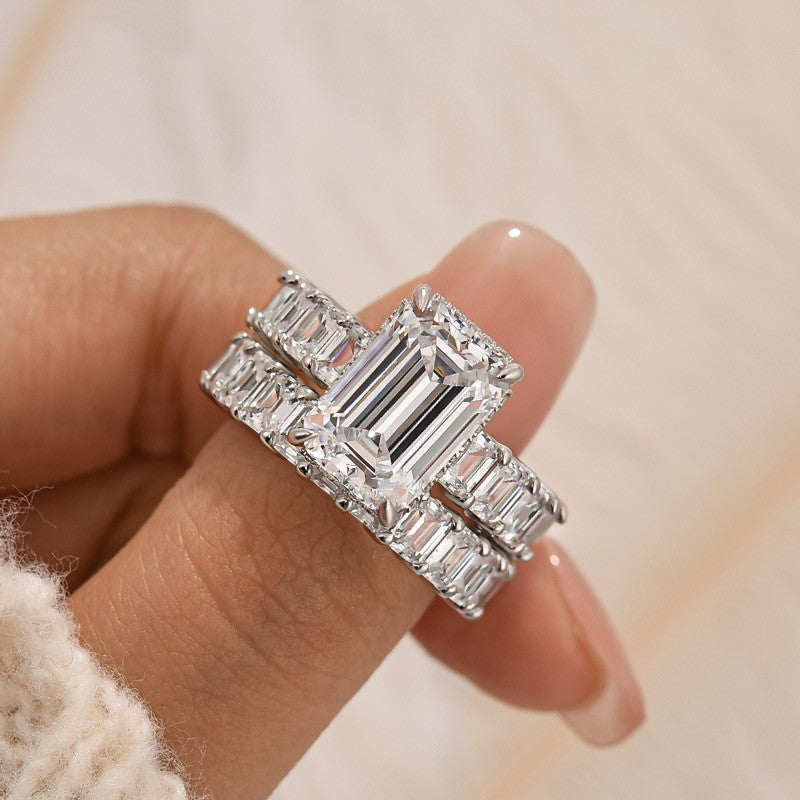 5.0Ct Emerald Cut Engagement Ring With 3.5Ct Emerald Cut Women's Wedding Band
