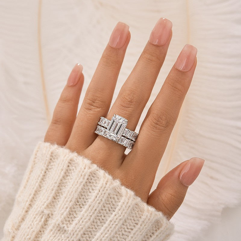 5.0Ct Emerald Cut Engagement Ring With 3.5Ct Emerald Cut Women's Wedding Band