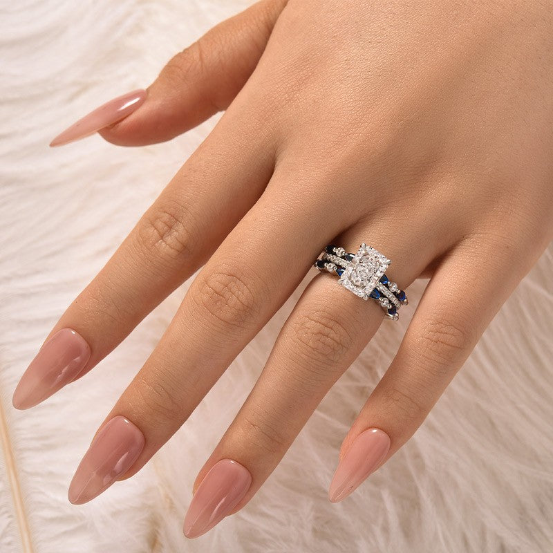 3.5Ct Radiant Cut Insert Wedding Ring Set With Blue & White Stone Engagement Ring Enhancer