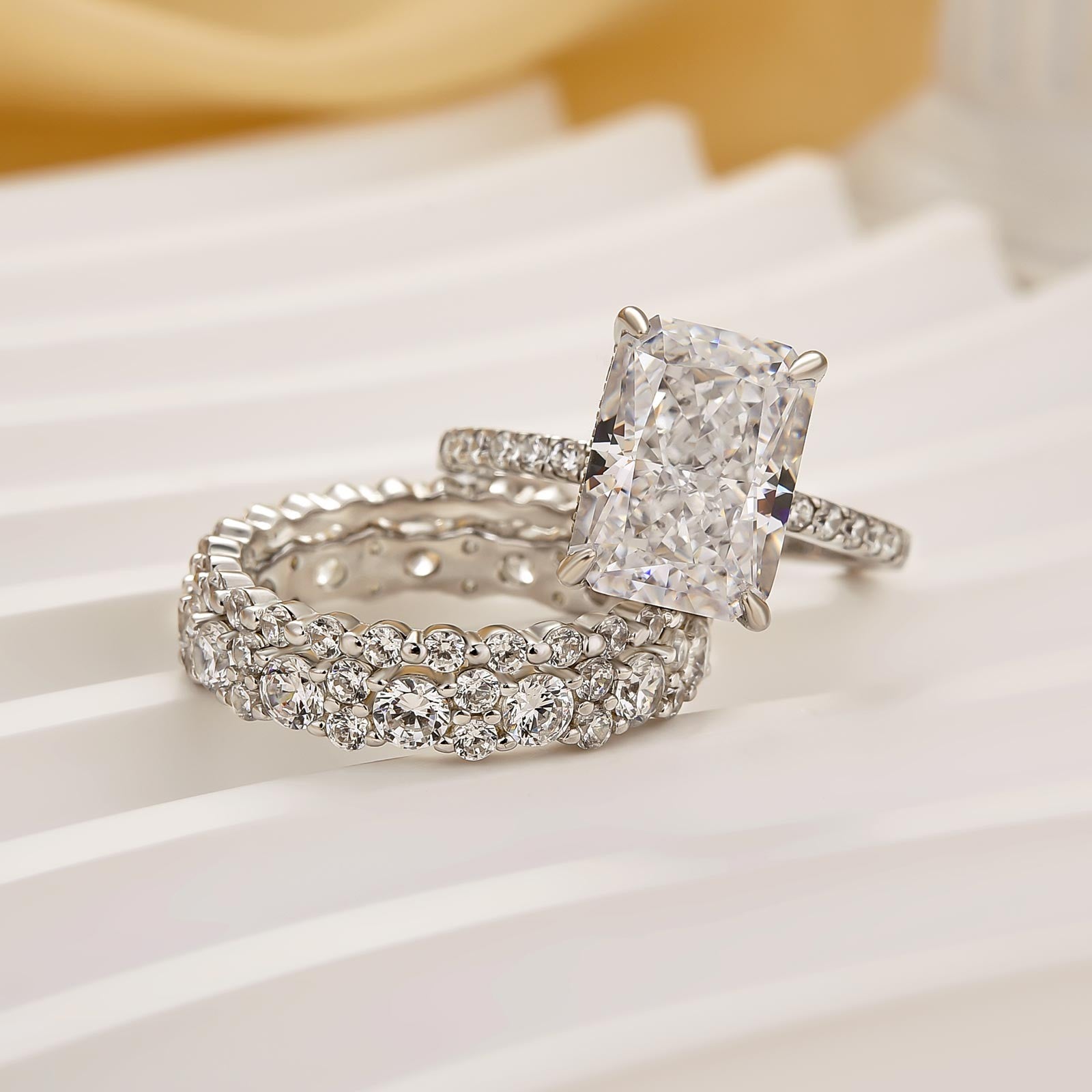 3PC 4.5Ct Radiant Cut Wedding Ring Set With Classic Wedding Bands