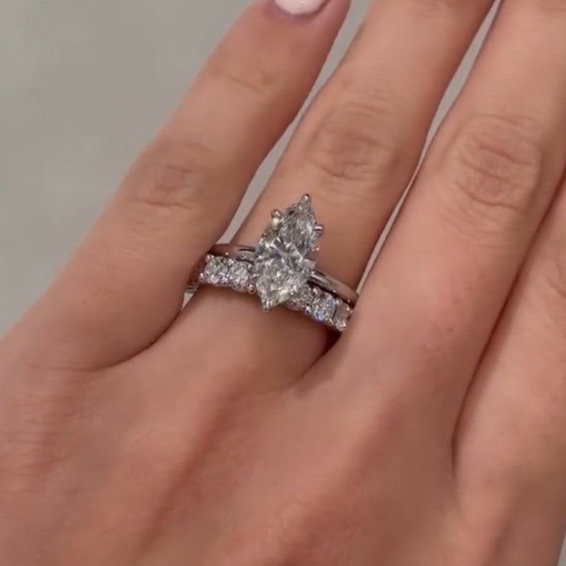 4.0Ct Marquise Cut Hidden Halo Engagement Ring With Classic Wedding Band