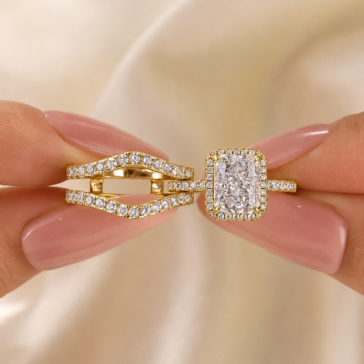 3.0Ct Halo Radiant Cut Insert Wedding Ring Set With Engagement Ring Enhancer