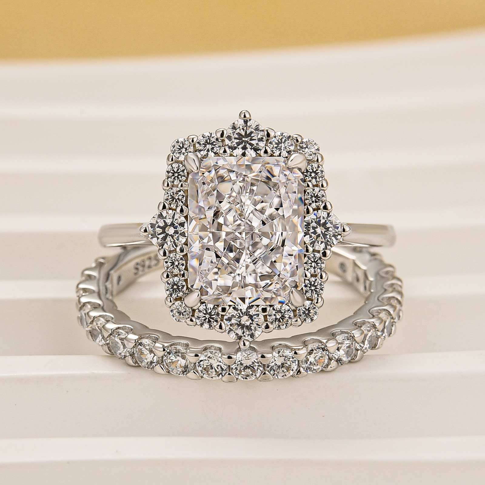 2PC Wedding Ring Set 3.0 Carat Radiant Cut Engagement Ring With Round Cut Wedding Band In Sterling Silver