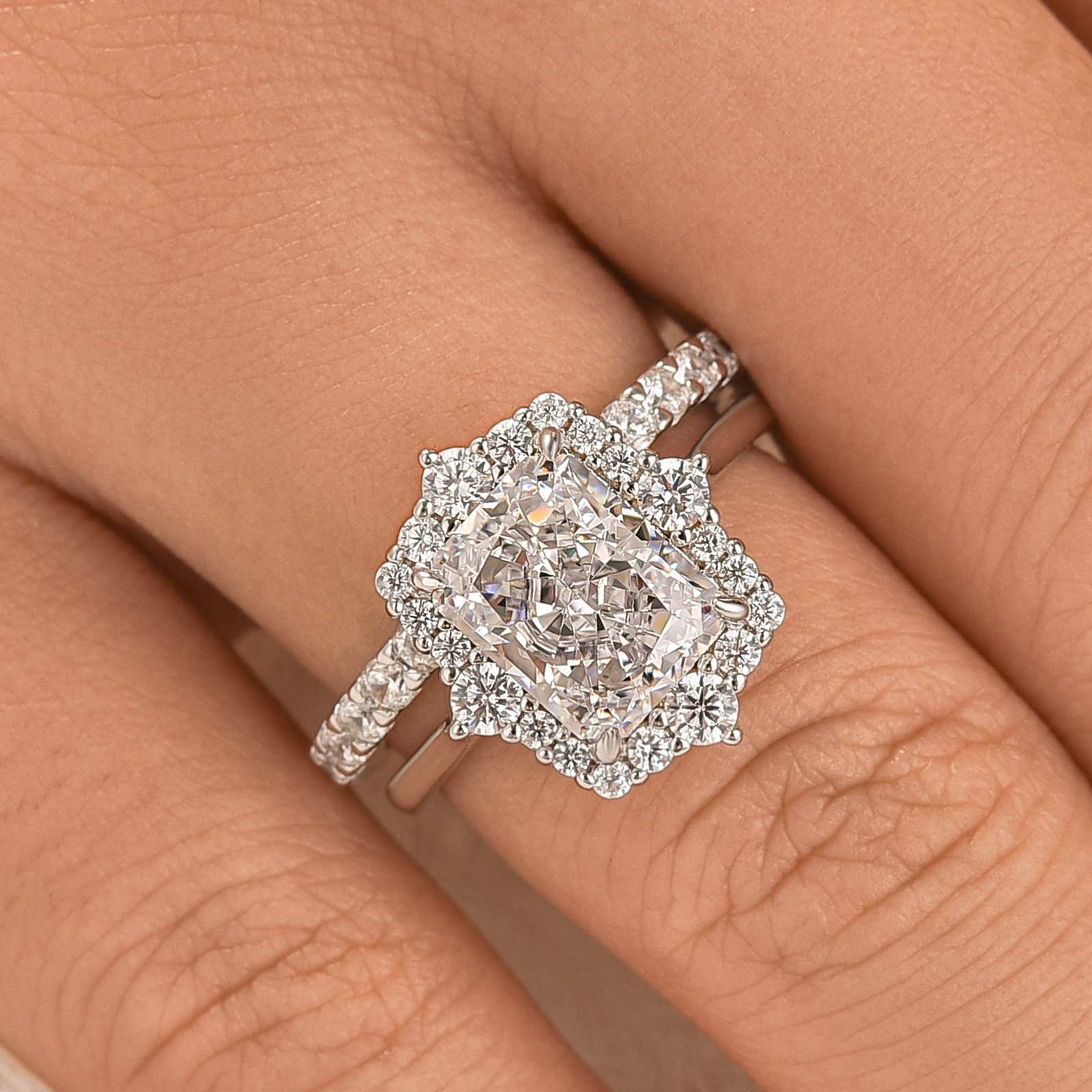 2PC Wedding Ring Set 3.0 Carat Radiant Cut Engagement Ring With Round Cut Wedding Band In Sterling Silver